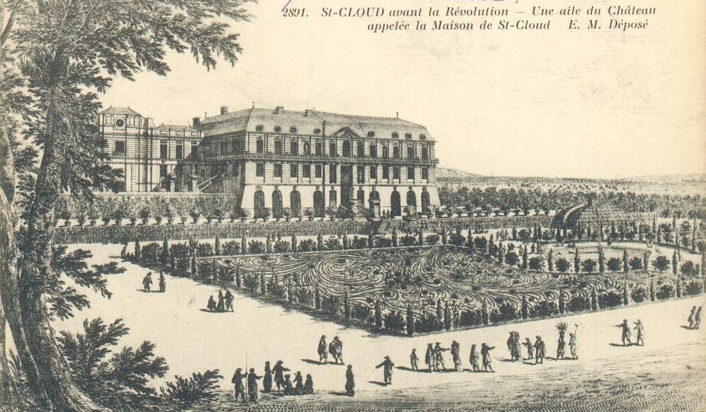 Carte postale de 1918 reprÃ©sentant une aile du chÃ¢teau de Saint-Cloud avant la rÃ©volution.